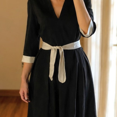 Axara Paris elegant black dress with white belt and pocket, like new, size L/XL