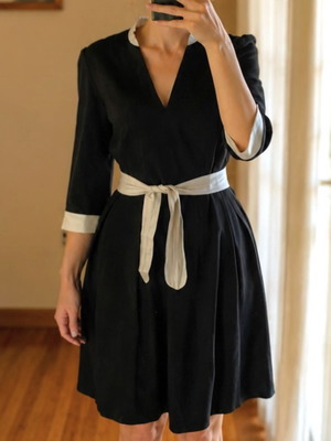 Axara Paris elegant black dress with white belt and pocket, like new, size L/XL