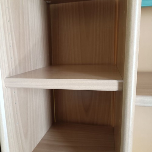 Corner desk with bookshelf and shelves like new, wood with green details