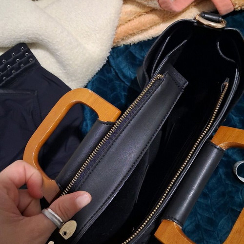 Elizabeth George Handheld Bag Black Like New with Wooden Handle and Strap