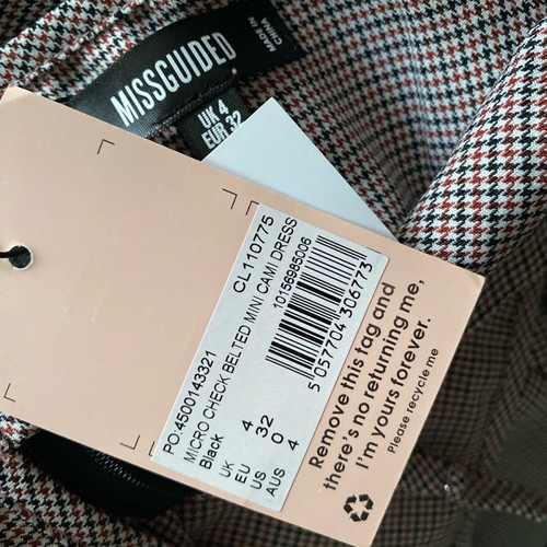 Missguided mini dress with belt, size XXS, black and brown checked