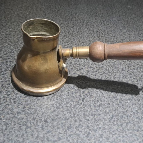 Brass cezve with wooden handle used, vintage Greek coffee pot