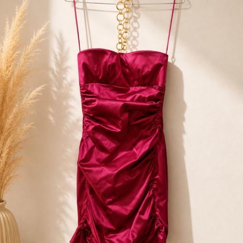 Ysatis satin fuchsia dress with gold chain, size S, evening