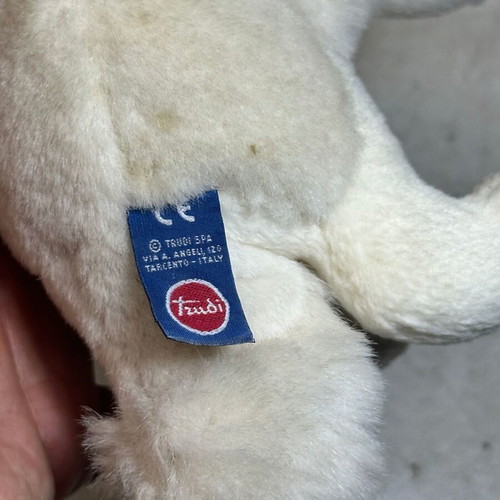 Trudi vintage white plush dog with bell used, made in Italy
