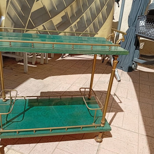 Vintage bar cart with brass details, green