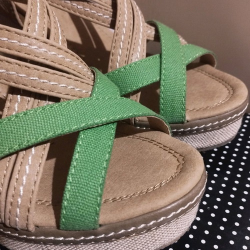 Camille fabric platform sandals used, beige and green, size 37