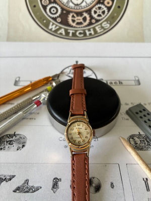 Jupiter women's watch used 1950s with leather strap gold tone
