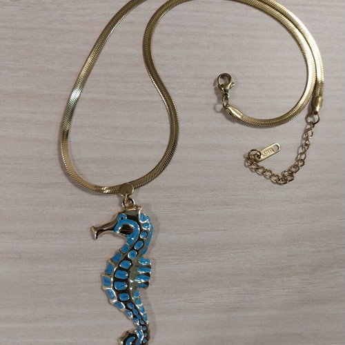 Summer necklace gold steel with embossed blue seahorse like new