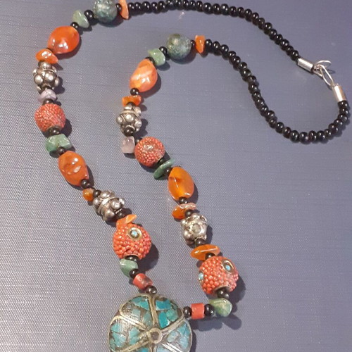 Old Tibetan Nepal necklace with stones and turquoise and coral glass beads new