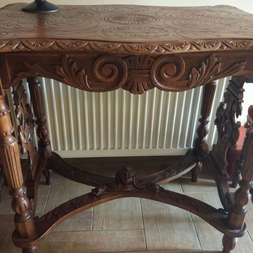 Antique wooden carved table used, solid wood, late 19th century