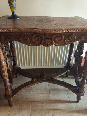Antique wooden carved table used, solid wood, late 19th century