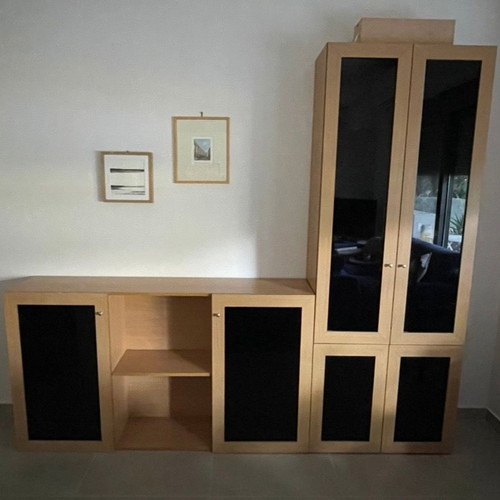 Bookshelf set new, light oak with black glossy cabinets