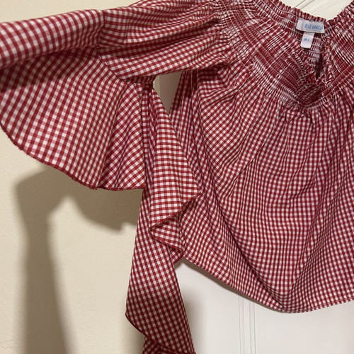 Blue Vanilla Gingham Top Large off-the-shoulder, new