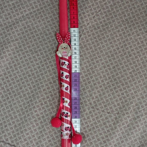 Handmade red candle like new with wooden bunny and ladybug ribbon 40 cm