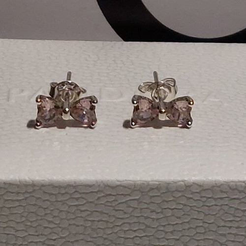 Pandora bow stud earrings with pink zirconia