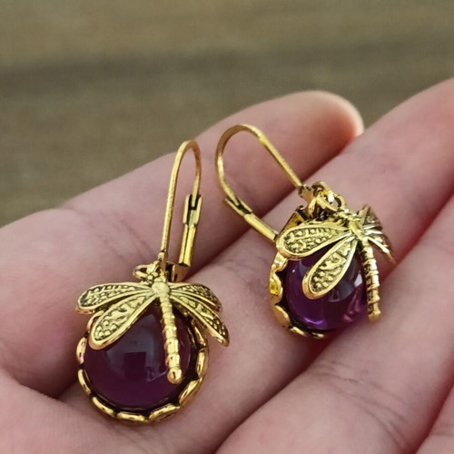 Retro women's stainless steel earrings with purple glass stone new
