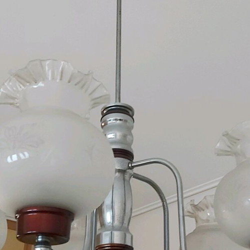 Φωτιστικό οροφής vintage 70s 5φωτο με inox σκελετό και ξύλινα στοιχεία