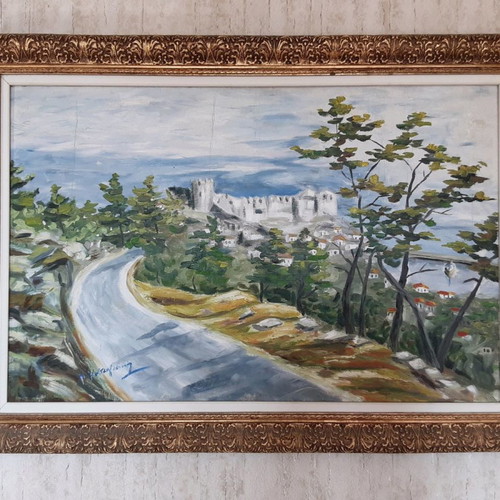 Landscape painting used by Niki Katsigianni with view of Kavala Fortress