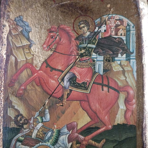 Saint Demetrios wood icon by Nikolaos Vranos like new