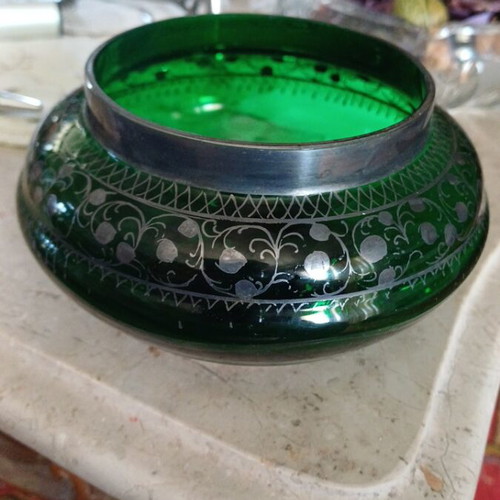 Decorative emerald glass bowl with handmade silver decoration like new