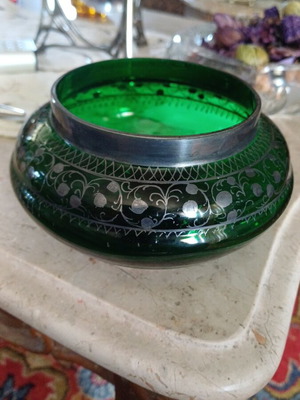 Decorative emerald glass bowl with handmade silver decoration like new