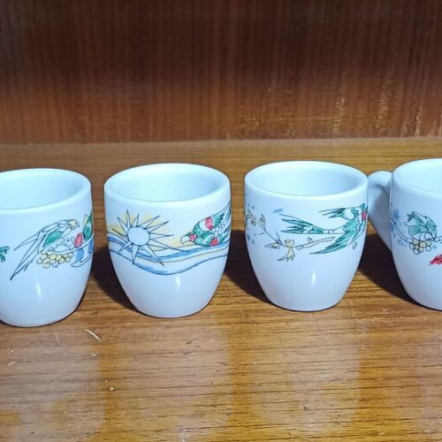 Loumidis Papagalos coffee cups set of 6 with D. Mytaras prints, new