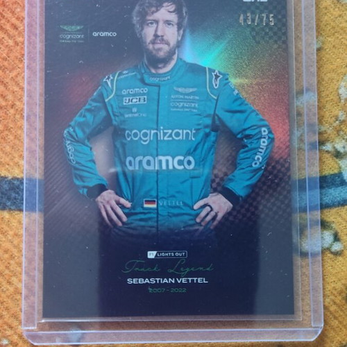 2022 Topps Formula 1 Lights Out Sebastian Vettel Track Legend numbered 43/75 like new
