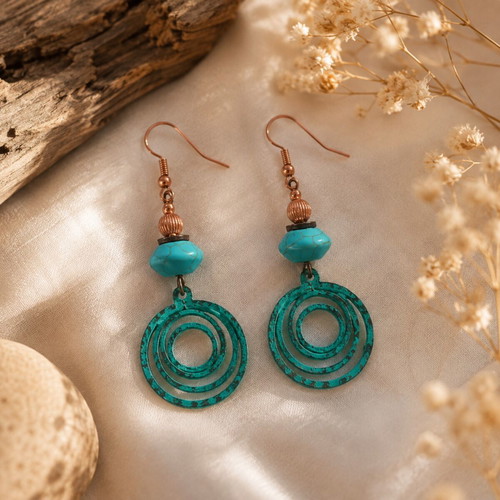 Copper Orbit boho earrings with turquoise patina