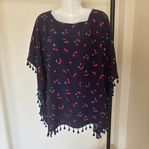 Women's tunic one size like new, dark blue with cherry pattern