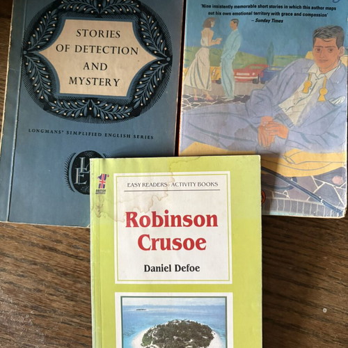 Set of 3 English books used, Robinson Crusoe, Stories of Detection, Family Dancing