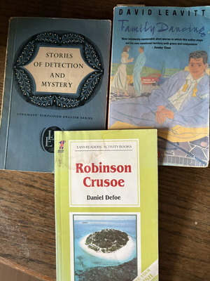 Set of 3 English books used, Robinson Crusoe, Stories of Detection, Family Dancing
