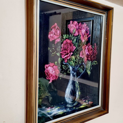 Oil painting 'Bouquet of Roses' in solid frame with glass