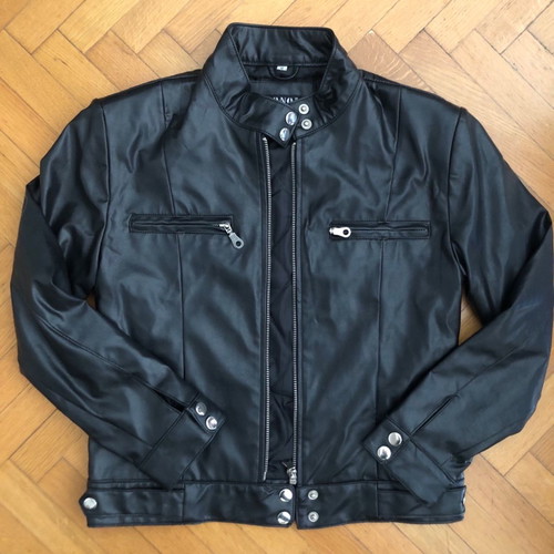 Black biker faux leather jacket used, size S/M