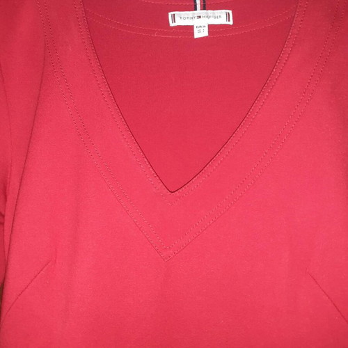 Tommy Hilfiger red dress with V neck and blue and white sleeve stripes, like new
