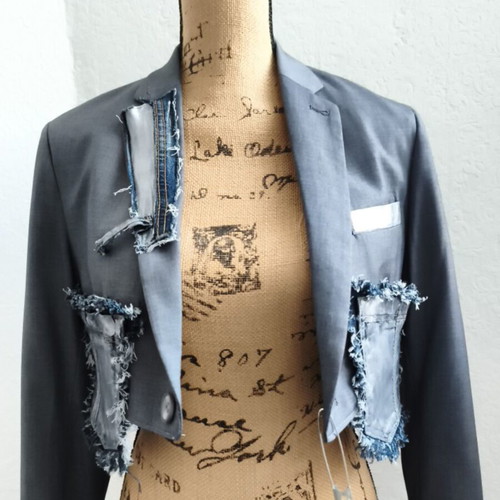 Handmade upcycled cropped blazer with denim details