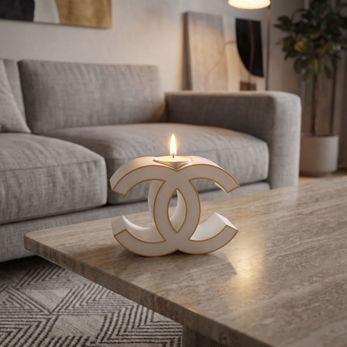 Tealight candle holder Chanel design with 6 plant-based soy candles Baby Powder and White Musk