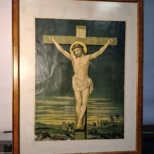 Chromolithograph of Crucifixion 19th Century Refurbished, German Origin