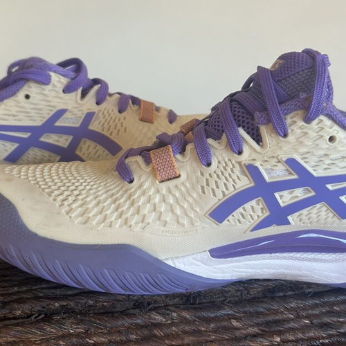 Asics Gel-Game 8 women's tennis shoes, size 39.5, white with purple and salmon