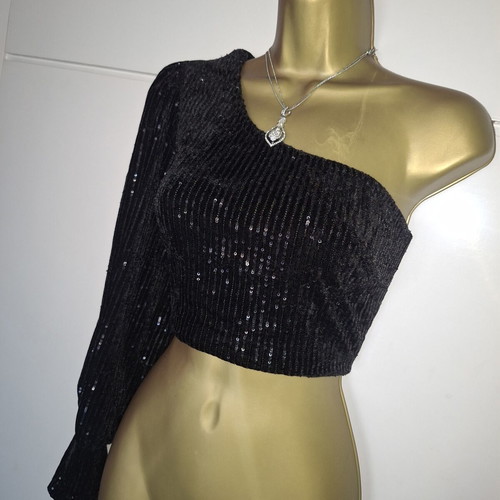 Lynne black velvet one shoulder crop sequin top size 40