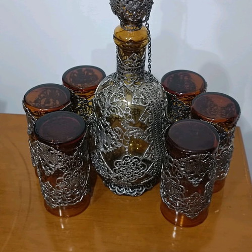Carafe with 6 glasses used, vintage with metal details