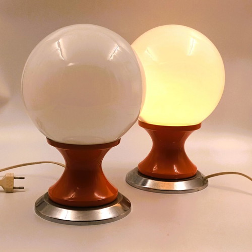 Vintage Space Age Table Lamps Pair 1970s Orange Metal Chrome