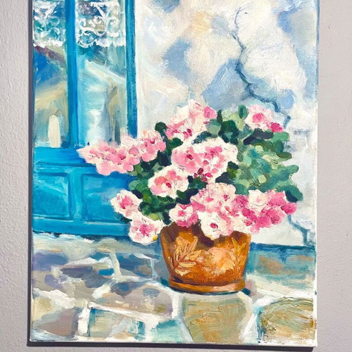 Oil painting on canvas 34x44 cm, flowers in Greek island landscape