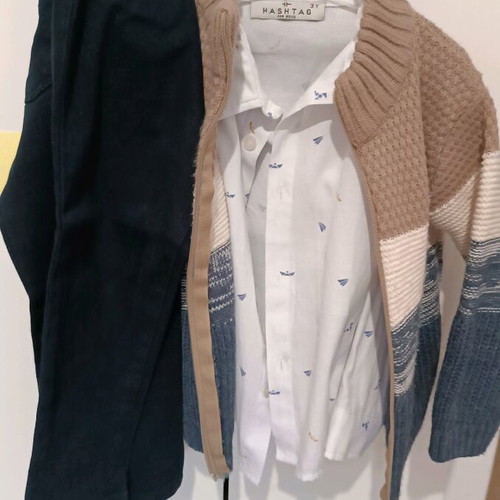 Hashtag set for 3 years like new with pants, cardigan and shirt