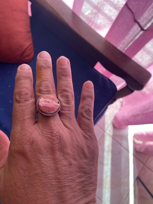 Handmade silver ring with large raw pink mineral like new