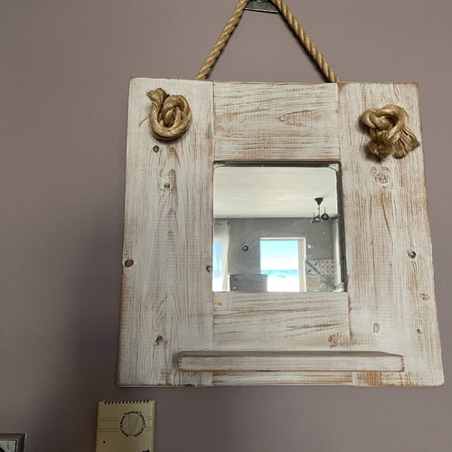 Wooden mirror used, solid pine, hanging with rope