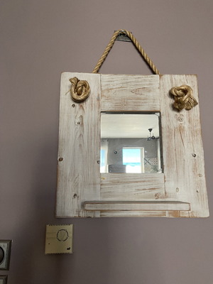 Wooden mirror used, solid pine, hanging with rope