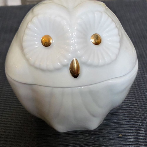 White Owl Box with Gold Tones Porcellane D'Arte Agostinelli Bassano Italy like new