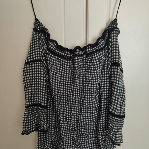Vintage checked blouse used, black and white, XL