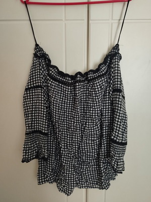 Vintage checked blouse used, black and white, XL