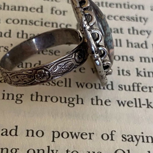 Handmade adjustable antique silver ring with Alfons Mucha art detail